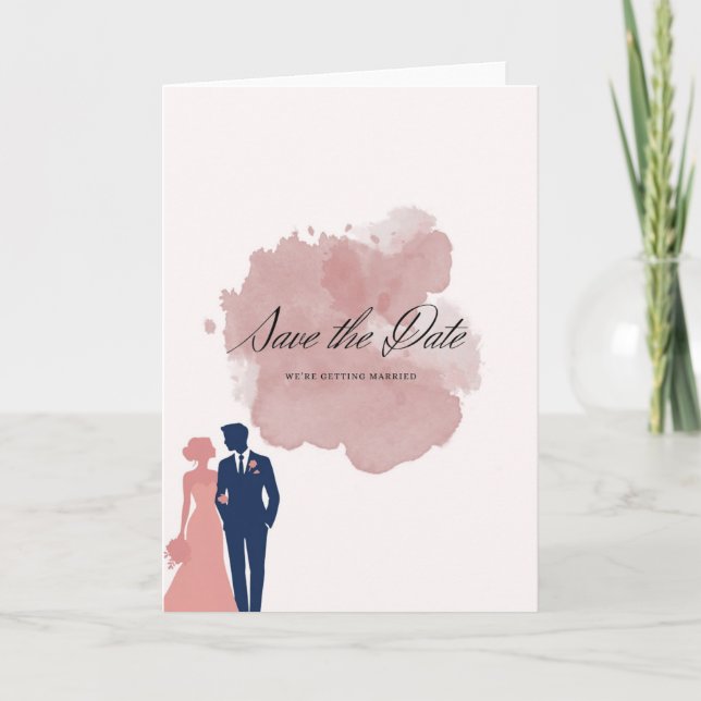 Cartão Elegante Save the Date Karte mit Brautpaar & Aquar (Frente)