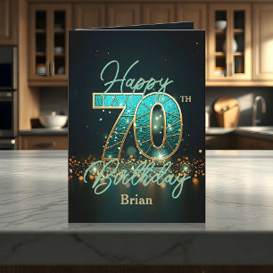 Cartão Elegante Teal e Dourado 70 Metálico Aniversário