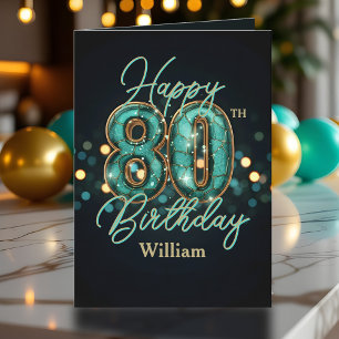 Cartão Elegante Teal e Dourado 80 Metálico Aniversário