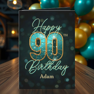 Cartão Elegante Teal e Dourado 90 Metálico Aniversário