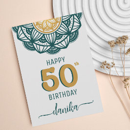 Cartão Elegante Teal e Dourado Mandala 50º Aniversário