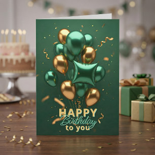 Cartão Elegante Verde Esmeralda Dourado Balões 3D Anivers
