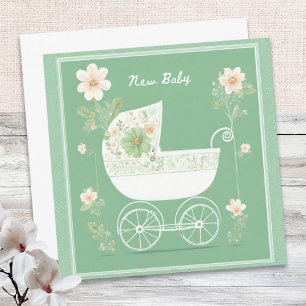 Cartão Elegante Verde Menta Carrinho de Bebê Flores Novo 