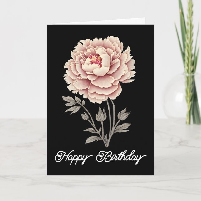 Cartão Elegante Vintage Rustic Pink Peony Feliz Aniversár (Frente)