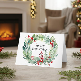 Cartão Elegante Watercolor Botânica Wreath Christmas