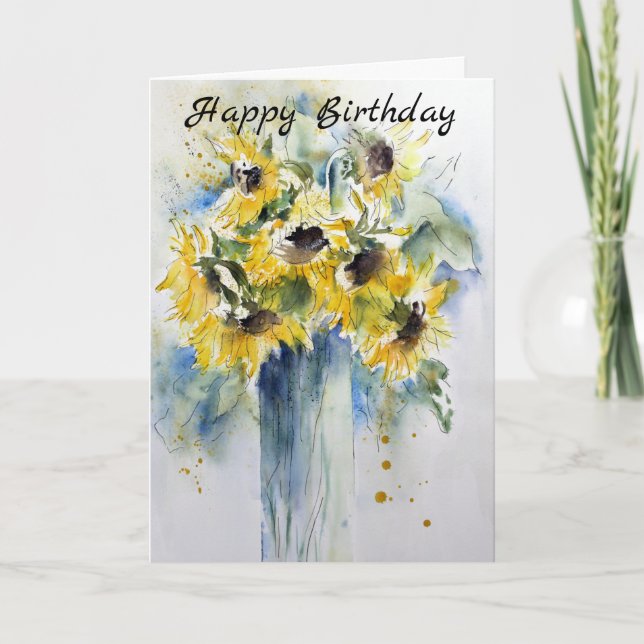 Cartão Elegante Watercolor Sunflower Happy Birday (Frente)