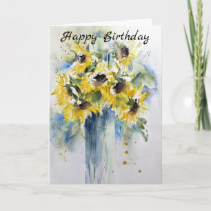Cartão Elegante Watercolor Sunflower Happy Birday