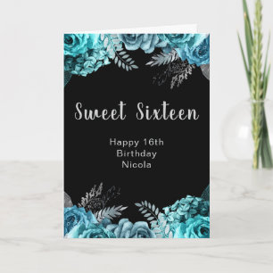 Cartão Elegantes Flores Azul Turquesa e Prata Sweet Sixte