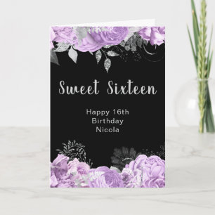 Cartão Elegantes Flores Lilás e Prata Sweet Sixteen