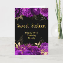 Elegantes Flores Roxas e Douradas Sweet Sixteen