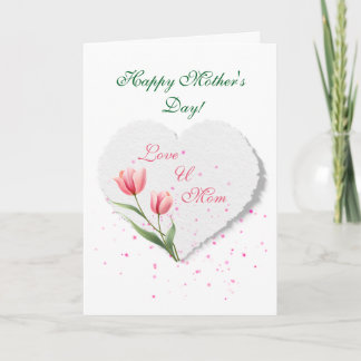 Cartão Elegantes Tulipas Rosa & Coração de Papel Dia das