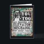 Cartão Elevator Mechanic - Funny Vintage Retro<br><div class="desc">Elevator Mechanic vintage advertisement in turquoise,  aqua,  red and black. Arty,  funny,  colorful and fun,  it makes a great gift and will surely bring smiles and laughter to the recipient.</div>