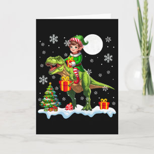 Cartão Elfo Montado T-rex Árvore de Natal Luzes Coloridas