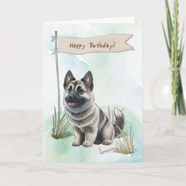Cartão Elkhound Dog Lá Fora Sob Sinal De Aniversário (Frente)