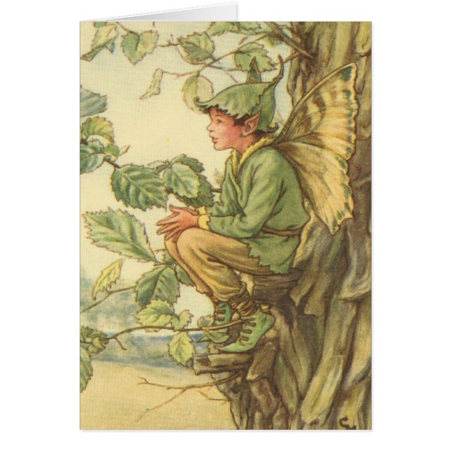 Cartão Elm Fairy alada sentada numa árvore (Frente)