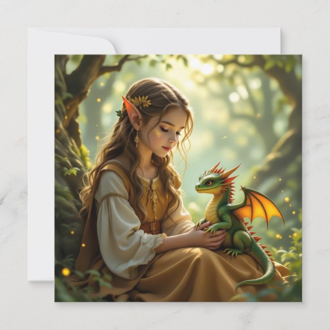 Cartão Elven Fairy with Dragon in Enchanted Forest (Frente)