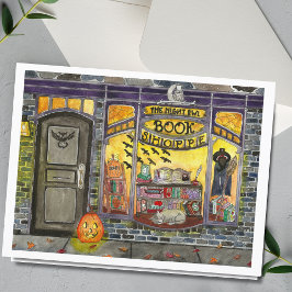 Cartão em Aquarela de Gato de Halloween e Loja de