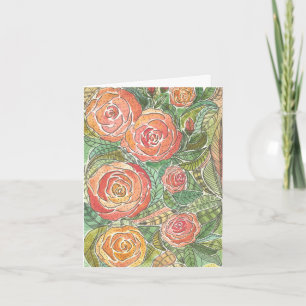 Cartão em Branco com Rosas Florais em Aquarela