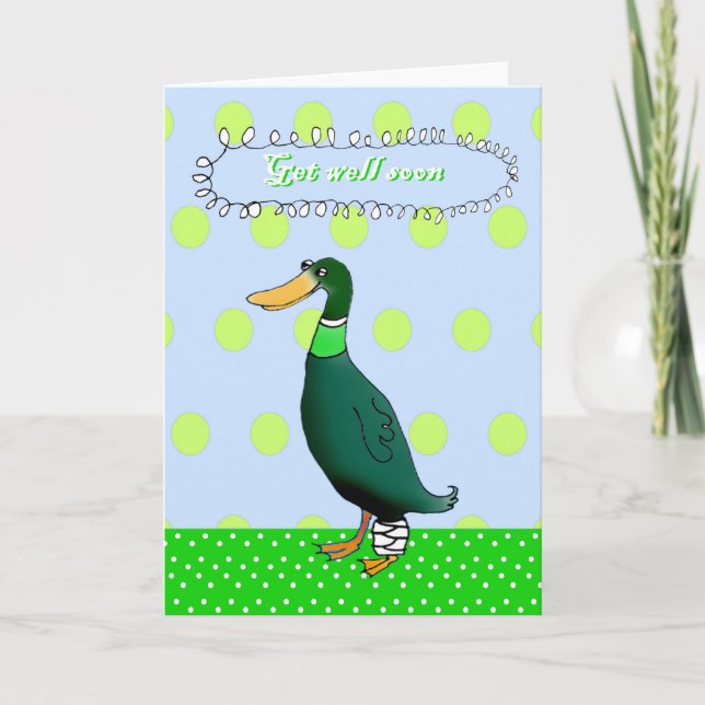 Cartão Em breve, pato verde com a perna atada. (Frente)