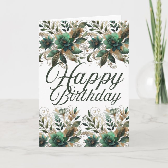 Cartão Emerald Gold Watercolor Floral Happy Birthday Gree (Frente)