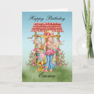 Cartão Emma, Cute Girl And Wishing Well Birthday Card - H