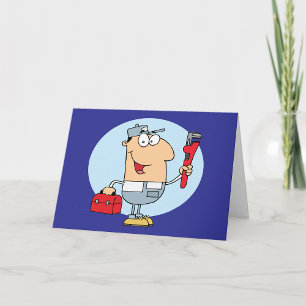 Cartão Encanador de desenho animado segurando chave de tu