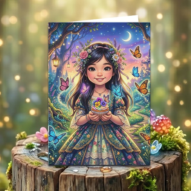 Cartão Enchanted Forest Girl's Birthday + Coloring Page (Criador carregado)