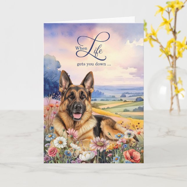 Cartão Encorajamento Shepherd Alemão Prado de Flores Silv (Flor Amarela)