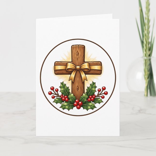 Cartão Enfeite de Natal de Cruz de Madeira Rústica (Frente)