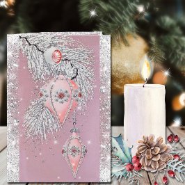 Cartão Enfeites Rosa Vintage de Natal Brilho Prata
