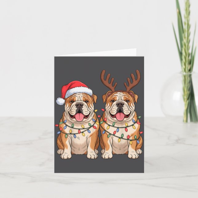 Cartão English Bulldog Christmas Santa Hat Reindeer Light (Frente)
