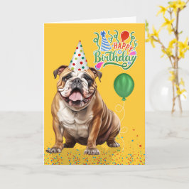Cartão English Bulldog Party Hat Yellow Birthday