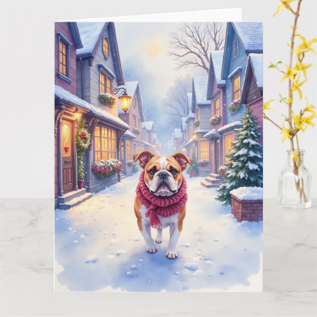 Cartão English Bulldog Snowy Christmas Village Holiday (Flor Amarela)