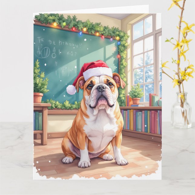 Cartão English Bulldog Teacher Classroom Santa Hat (Flor Amarela)