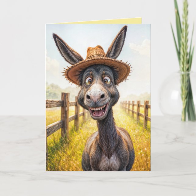 Cartão Engraçado Aniversário Donkey Vestindo um Chapéu (Frente)