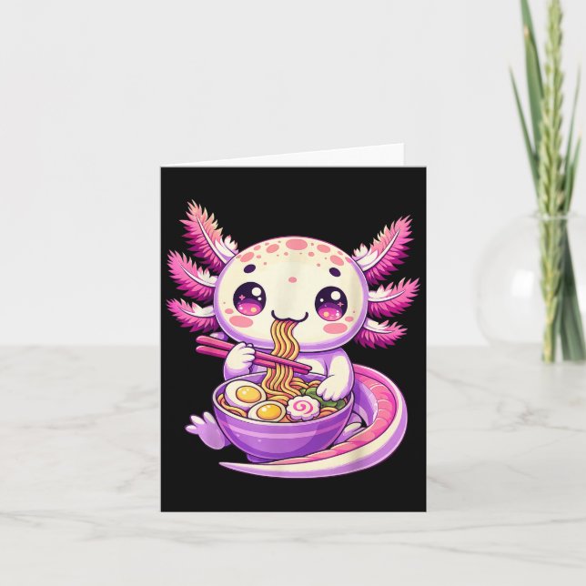 Cartão Engraçado Axolotl Noodle Anime Kawaii Axolotl come (Frente)