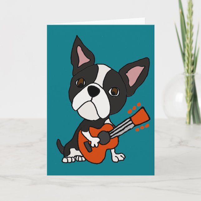 Cartão Engraçado Boston Terrier Dog tocando guitarra (Frente)