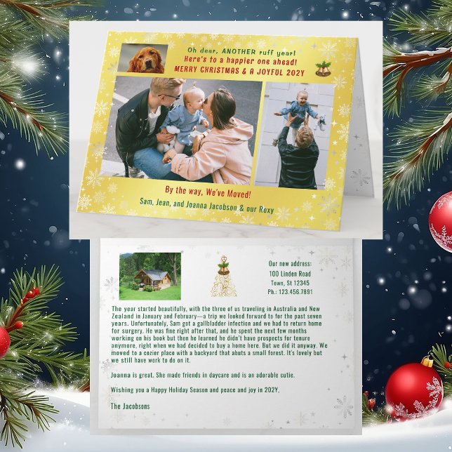 Cartão Engraçado Cachorro Ruff Ano Que Mudamos 4 Fotograf (Funny Dog Oh Dear, Another Ruff Year. We've Moved Xmas Card. 4 Photos. Elegant, golden. Snowflakes)