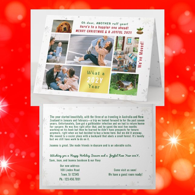 Cartão Engraçado Cachorro Ruff Ano Que Mudamos Novas Foto (Funny dog Ruff year Christmas card. 6 Photos. Peace, love, joy. We've Moved. Elegant, modern. Snow)