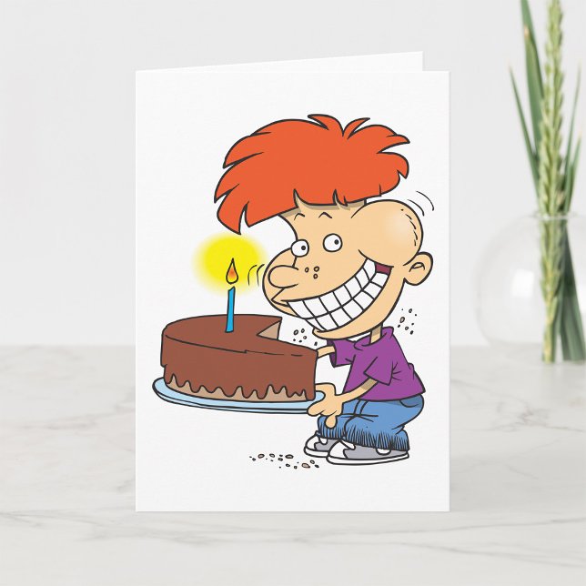Cartão Engraçado Cartoon Boy com Bolo de Aniversário de C (Criador carregado)
