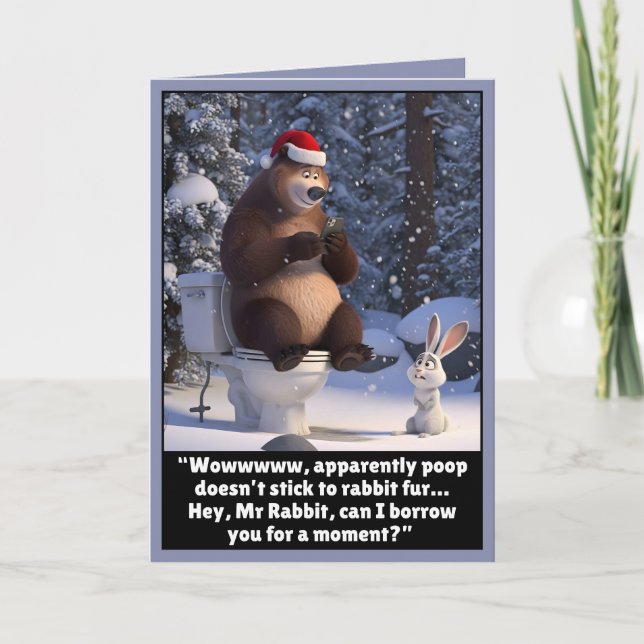 Cartão engraçado de Natal de urso e coelho (Frente)