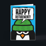Cartão engraçado do costume do pássaro da<br><div class="desc">Cartão engraçado do costume do pássaro da aposentadoria feliz. O cartão com desenhos animados bonitos do pinguim e o discurso borbulham/balões cómicos do texto. Design animal bonito. Cartões do divertimento para o trabalhador do co, o marido, a esposa, o pai, a mamã, o empregado, o chefe, o amigo, o vizinho,...</div>