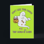 Cartão engraçado do Dia das Bruxas do fantasma dos<br><div class="desc">Envie alguma alegria do Dia das Bruxas com este cartão bonito que caracteriza um truque do fantasma dos desenhos animados para fora ou o tratamento e a mensagem, "não perdem seus doces que seriam assustadores!" Este cartão é perfeito para seu favorito pouco truque ou treaters. Use o campo do modelo...</div>