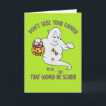 Cartão engraçado do Dia das Bruxas do fantasma dos<br><div class="desc">Envie alguma alegria do Dia das Bruxas com este cartão bonito que caracteriza um truque do fantasma dos desenhos animados para fora ou o tratamento e a mensagem, "não perdem seus doces que seriam assustadores!" Este cartão é perfeito para seu favorito pouco truque ou treaters. Use o campo do modelo...</div>