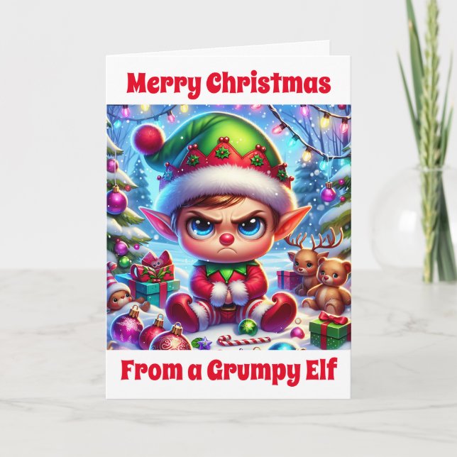 Cartão Engraçado Grumpy Elf Natal | Queria estar com você (Frente)