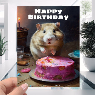 Cartão Engraçado Hamster e Bolo de Velas - Feliz Aniversá