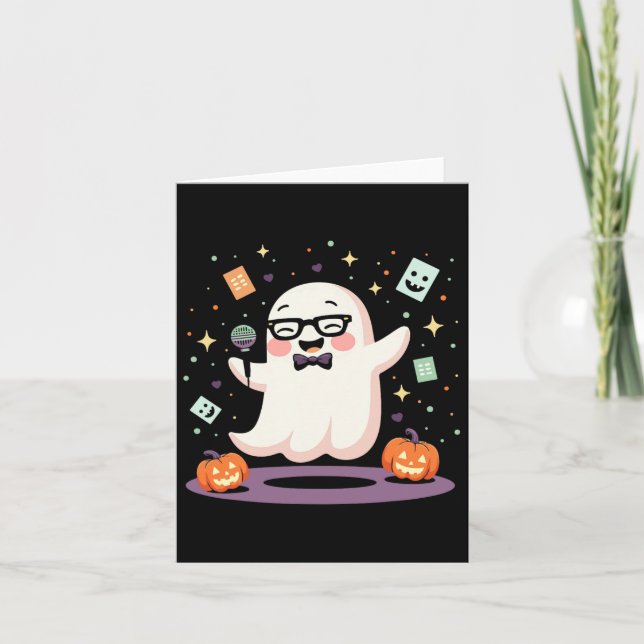 Cartão Engraçado Microfone Comediante Ghost Spooky Hallow (Frente)