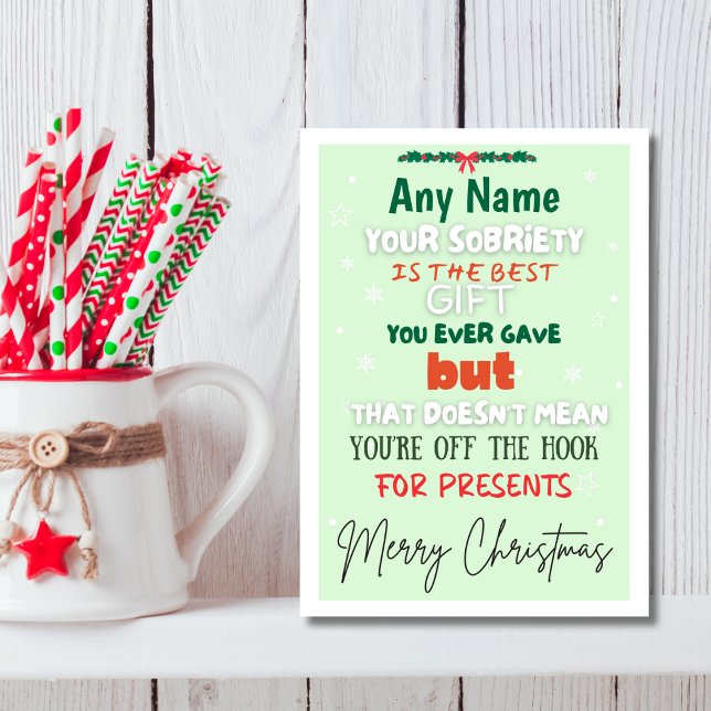 Cartão Engraçado Mint Green Nome Personalizado Sobriedade (Personalize sober support christmas card, pastel green, trendy fonts)