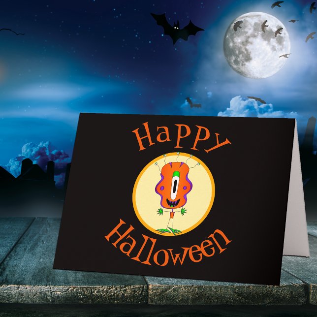 Cartão Engraçado, Monstro, Halloween (Hey! Take a look at this most awesome cartoon monster Halloween greeting card!)