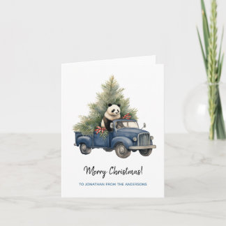 Cartão Engraçado Panda no Blue Retro Truck Xmas